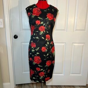 Alexia Admor Sleeveless Midi Bodycon Dress Black With Red Roses Womens Small